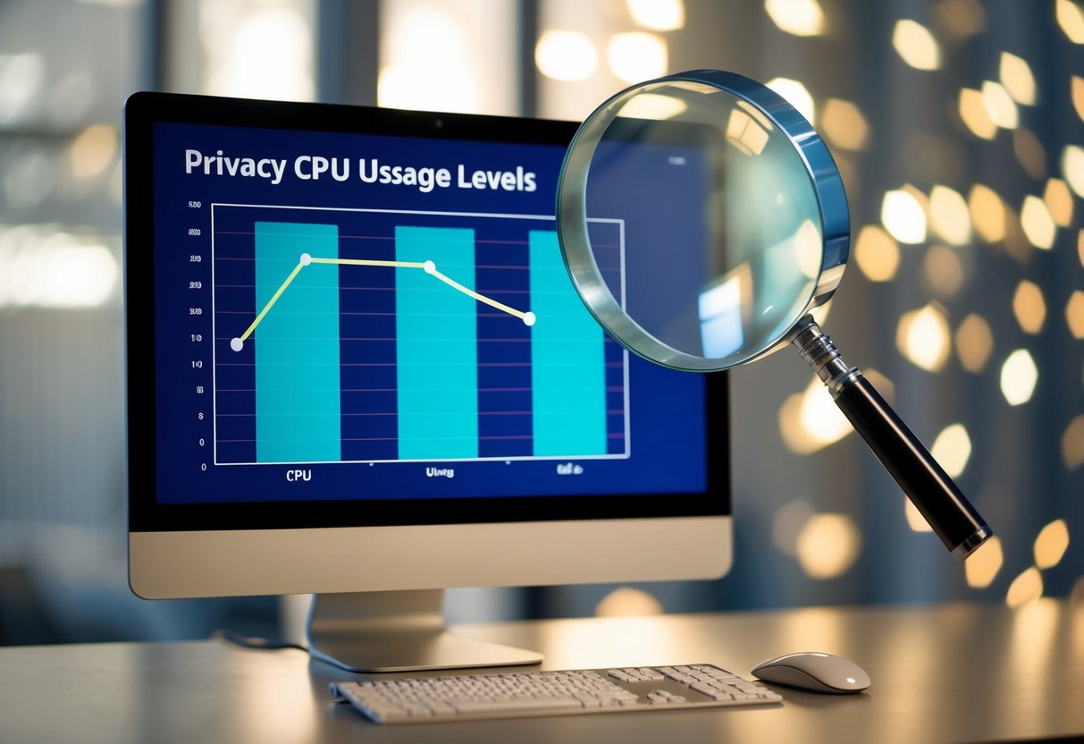 A computer monitor displaying a graph of high CPU usage with a magnifying glass hovering over it, representing privacy concerns and telemetry levels