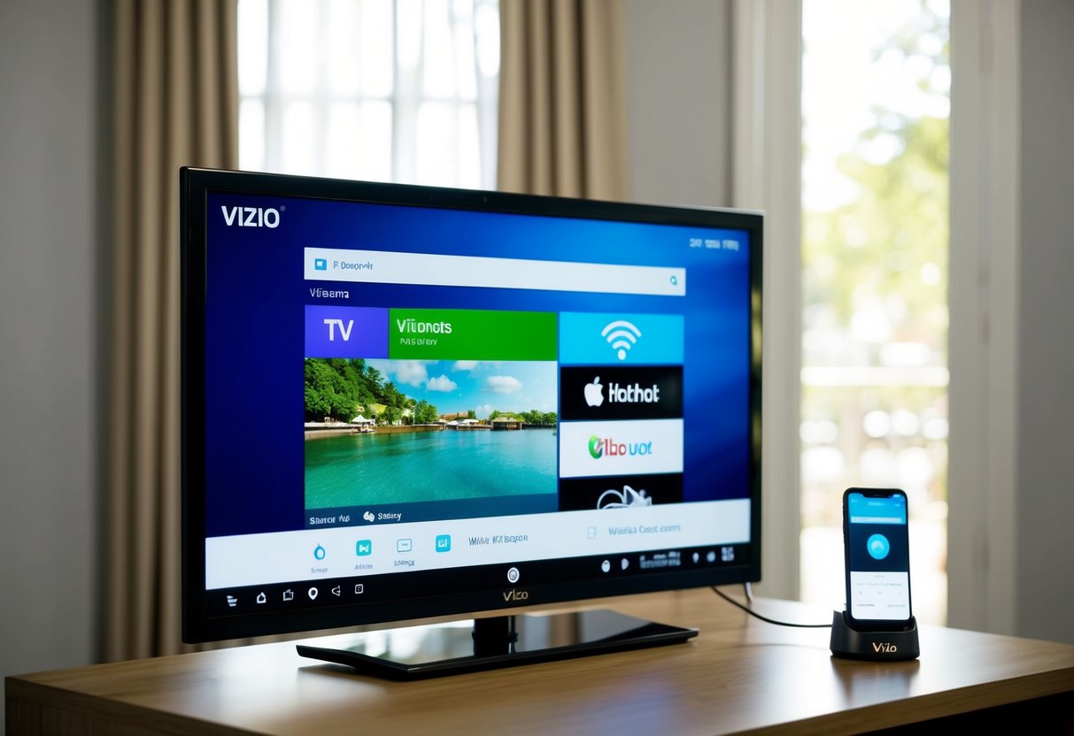 A Vizio TV sits on a stand, displaying the home screen. A smartphone with a wifi hotspot feature is placed nearby