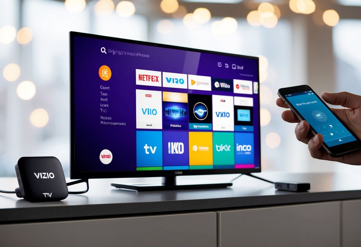 A Vizio TV sits on a stand, with a mobile hotspot device nearby. The TV's input panel is visible, and a hand is reaching out to connect a cable