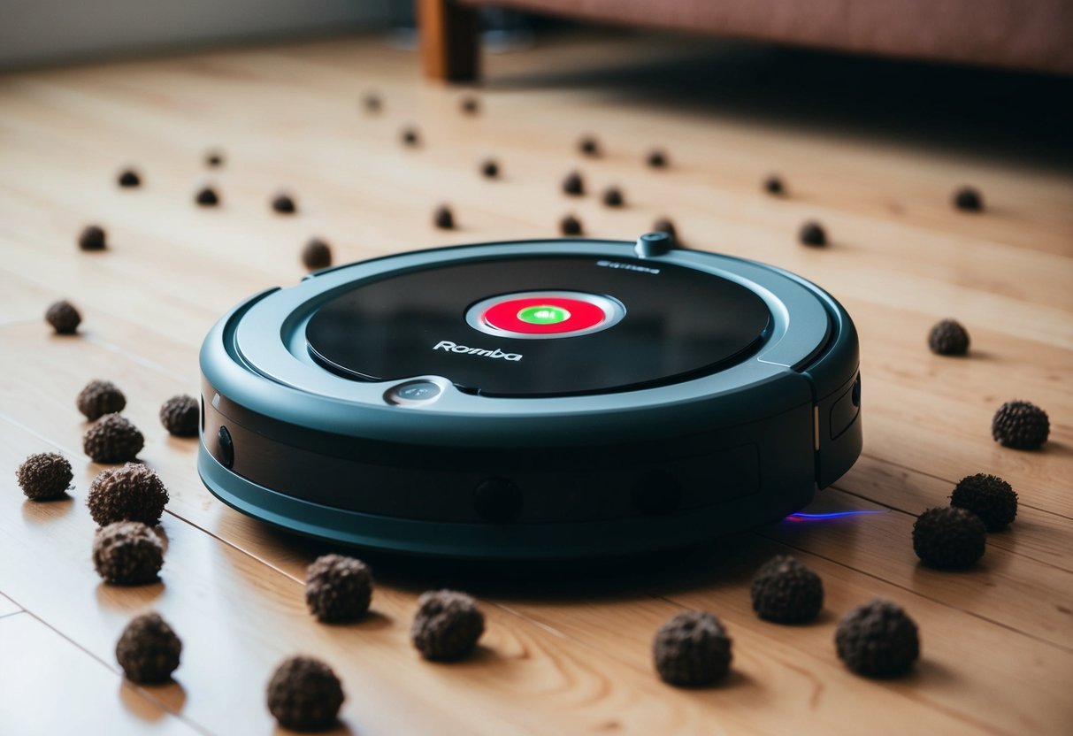 A Roomba base with a red light indicating it's not charging, surrounded by scattered dust bunnies on the floor